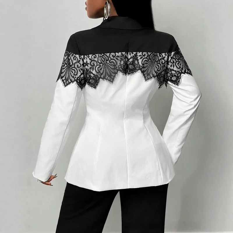 Elegant Solid Color Long Sleeve Polyester Blazer with Lace Craft and Single Breasted Closure