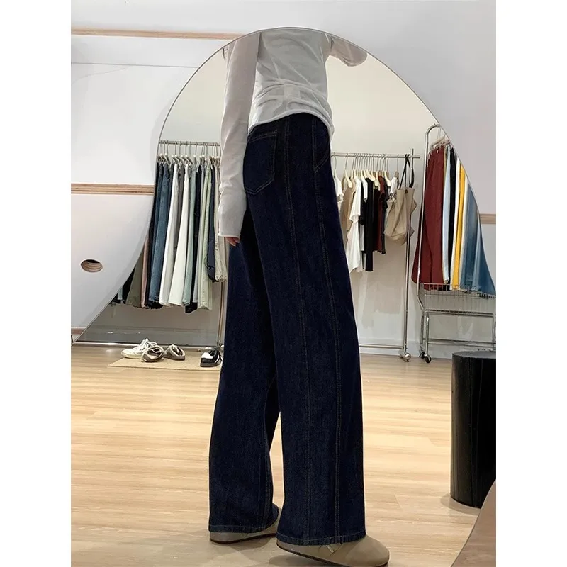 High Waist Wide Leg Full Length Inelastic Denim Cotton Jeans for Women