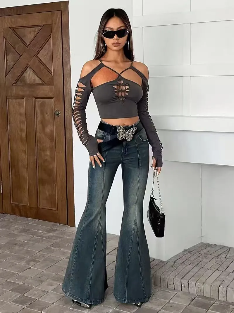 Streetwear Full Length Flared Pants for Women in Cotton with High Elasticity and Pocket Design