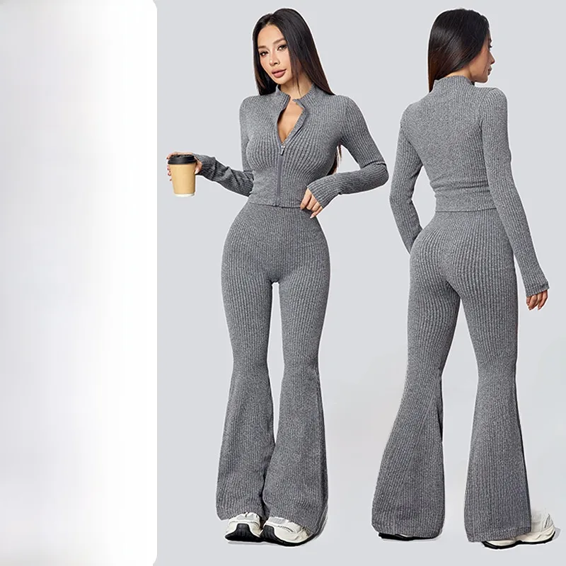 Women's Solid Color Flared Yoga Pants with Zip Collar in Grey Polyester Featuring Zipper Closure