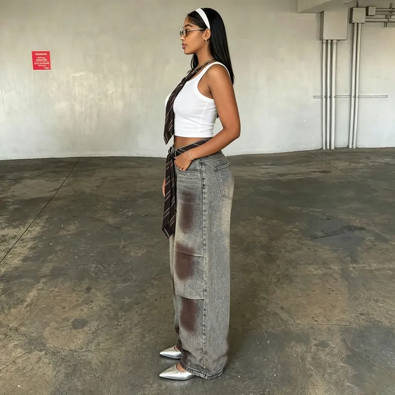 Rose Embroidered Full Length Denim Cotton Jeans for Women in Streetwear Style with Inelastic Fabric