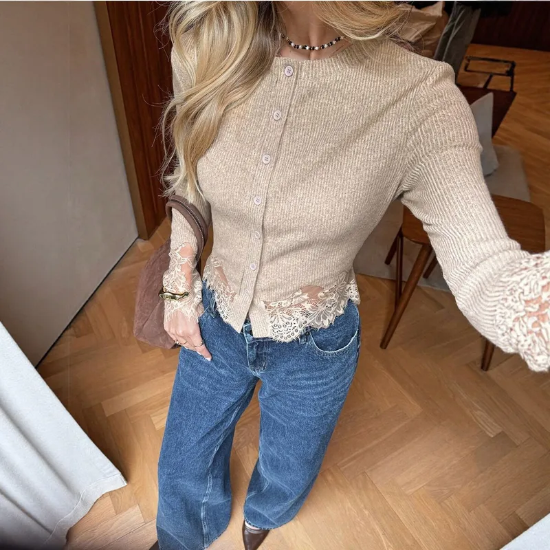 Elegant Solid Color Long Sleeve Polyester Knitwear for Women with Hollow Out Craft and Placket