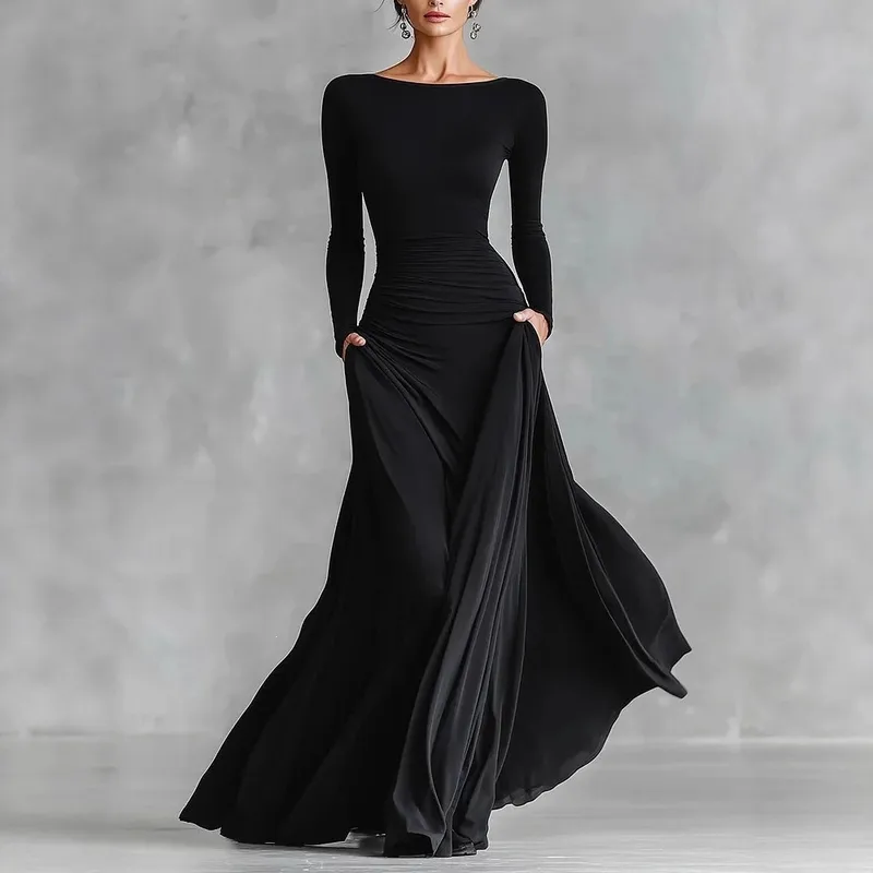 Vintage Style Solid Color Sheath Dress in Polyester with Long Sleeve for Business, Maxi Long Dress