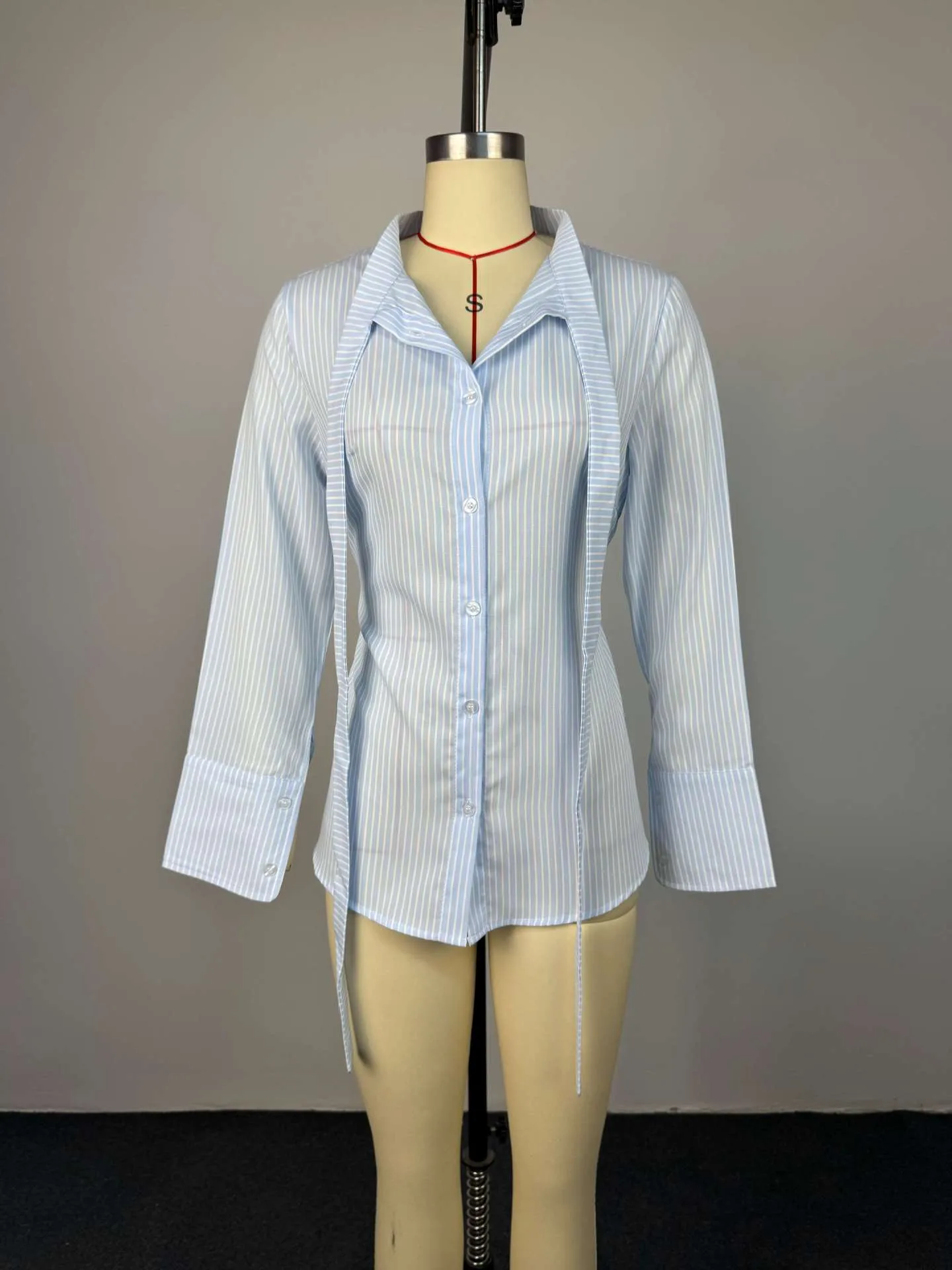 Sexy Stripe Long Sleeve Polyester Shirt for Women with Single Breasted Closure and Lapel Collar