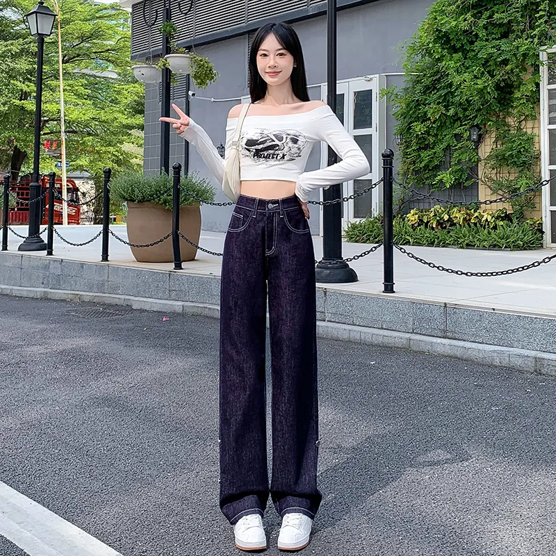 Women's Casual Full Length Jeans in Cotton with Buckle Detail, Comfortable and Stylish Denim Pants