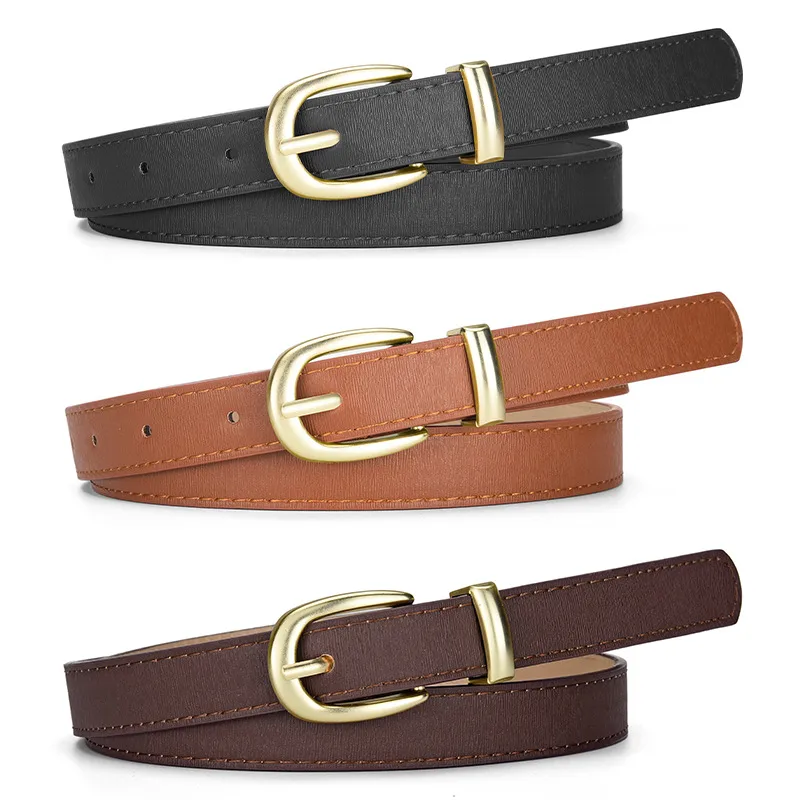 Women's Simple Modern PU Leather Belt with Alloy Buckle in Black Beige Pink Gold Coffee