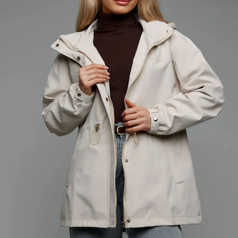 Casual Solid Color Outdoor Jacket for Women with Zipper Placket, Standing Collar, Polyester Fabric, and Drawstring Detail