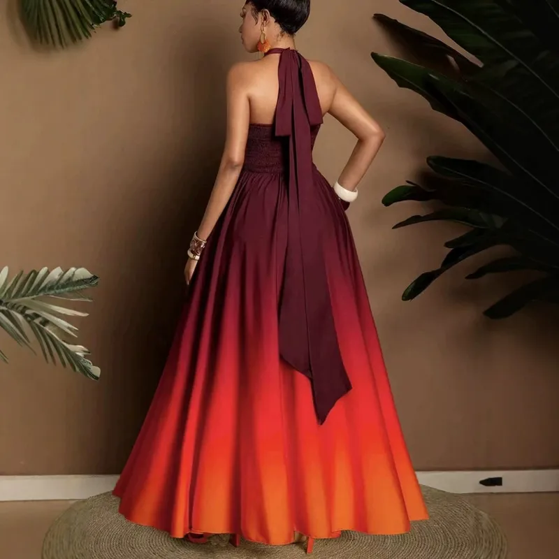 Elegant Sleeveless Halter Neck Swing Dress for Travel in Polyester Fabric with Printing Pattern