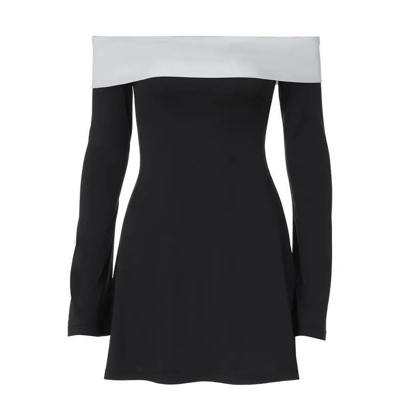 Solid Color A-Line Dress with Long Sleeve Tube Bra Neckline in Elastane Fabric, Perfect for Holiday Streetwear