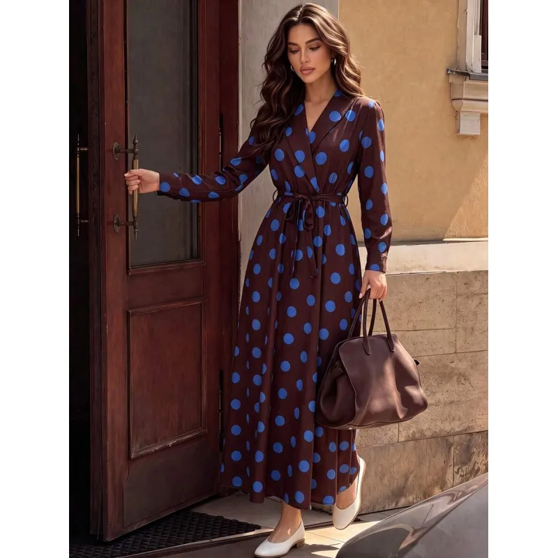 Elegant Polka Dot Dress with V Neck and Long Sleeve, Polyester Maxi Long Dress