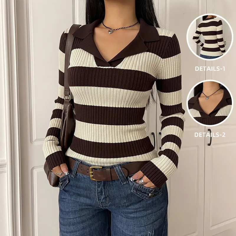 Vintage Style Stripe Sweater with Long Sleeves, Knitted Cotton Pullover