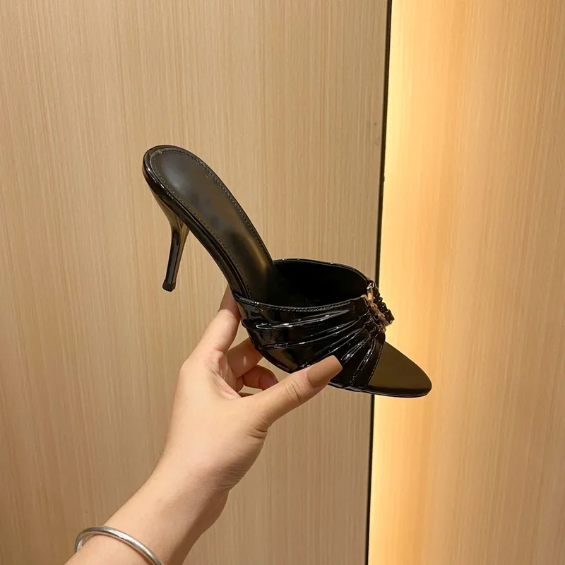 Solid Color Women High Heel Sandals with Rubber Sole and Stiletto Heel Featuring Patent Leather Upper
