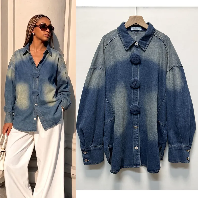 Vintage Style Ombre Denim Midi Dress with Long Sleeve and Lapel Neckline, Washed Finish