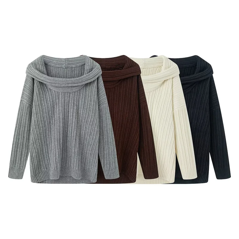 Women's Solid Color Loose Fit Boat Neck Long Sleeve Polyester Sweater