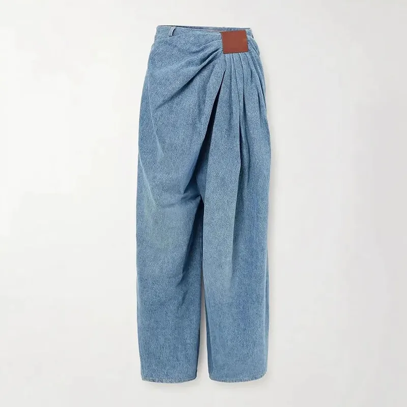 Women's Wide Leg Denim Cotton Jeans in Full Length with Washed Streetwear Style, Inelastic, Perfect for Spring
