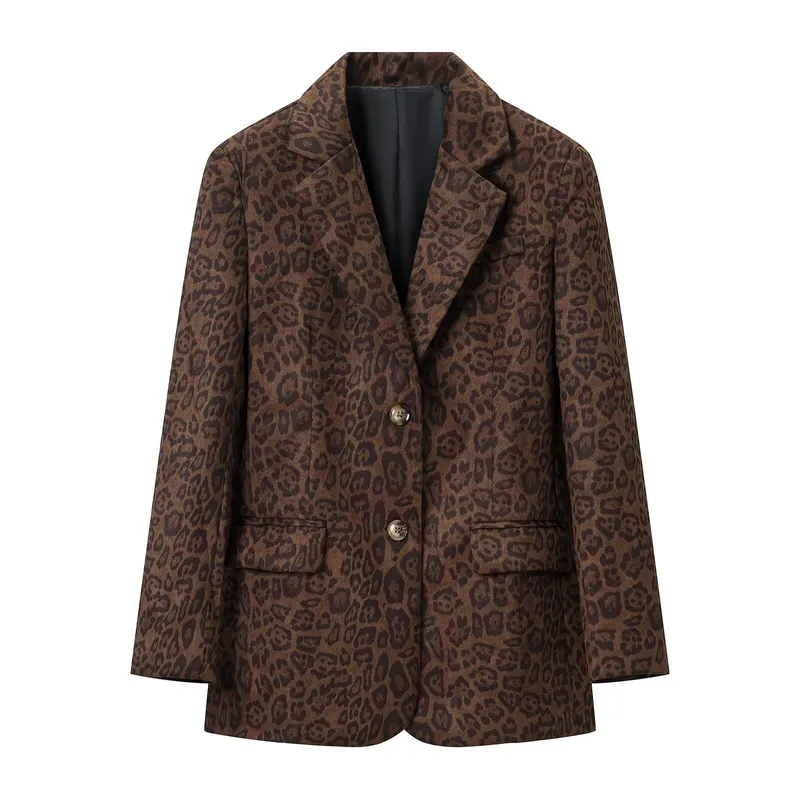 Vintage Style Leopard Print Long Sleeve Polyester Blazer with Patchwork and Lapel Collar