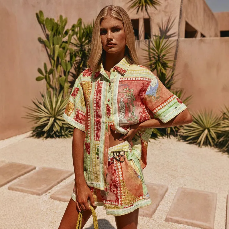 Abstract Linen Shorts Co-ord Set with Printing, Featuring Shirt Collar and Placket Closure for Casual Wear