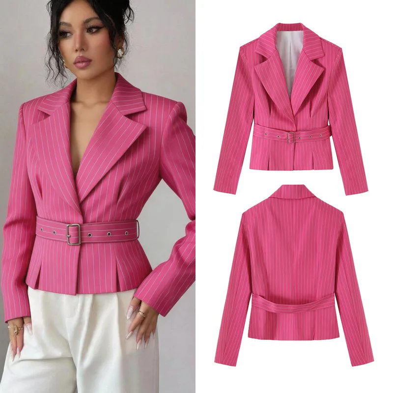 Stripe Long Sleeve Streetwear Polyester Blazer with Button Craft and Lapel Collar