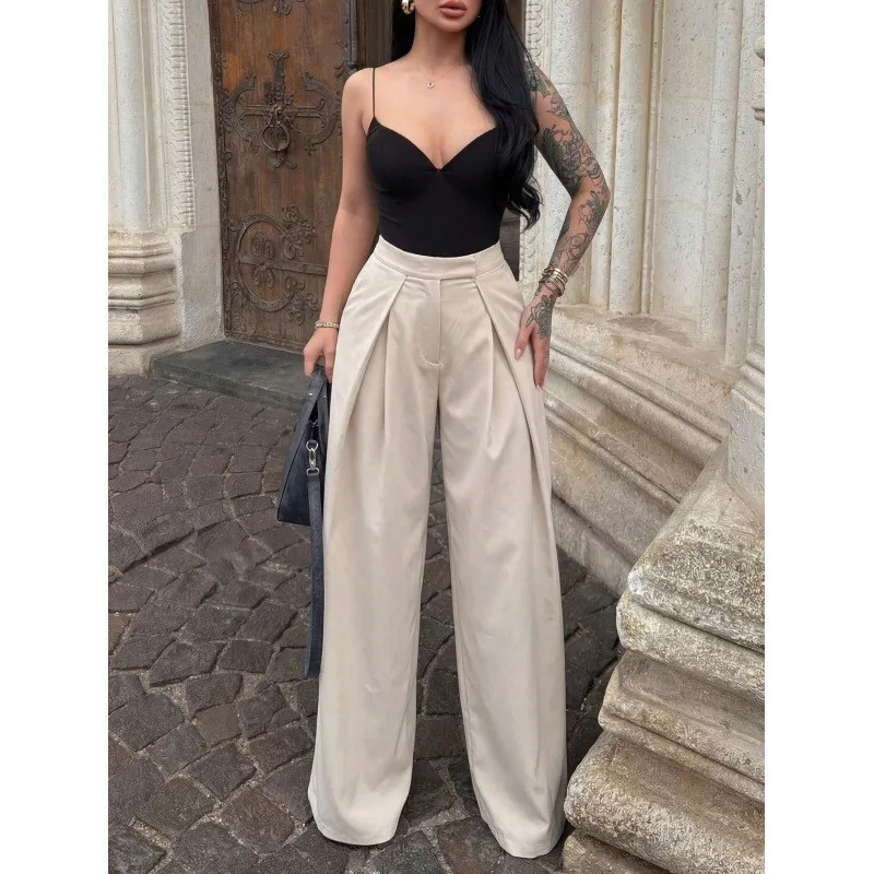 Casual Wide Leg Full Length Pants with Draped Design in Polyester Fabric for Everyday Comfort
