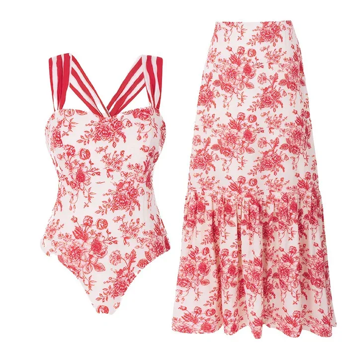Women's Stripe Printed Nylon One-Piece Swimsuit for Swimming