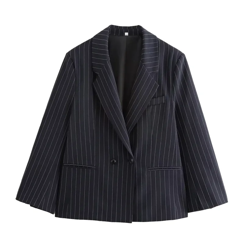 Stripe Boyfriend Long Sleeve Polyester Blazer with Double Breasted Closure and Pocket Detail