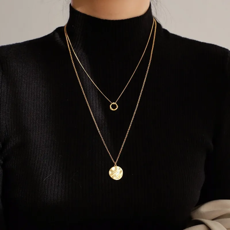 Gold Geometric Circle Necklace for Women Simple Style Copper Pendant Sweater Chain