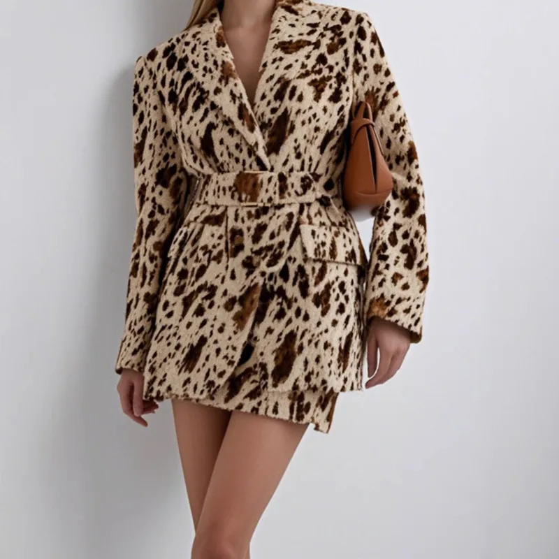 Leopard Print Loose Fit Women's Blazer Long Sleeve Polyester Casual Business Outerwear
