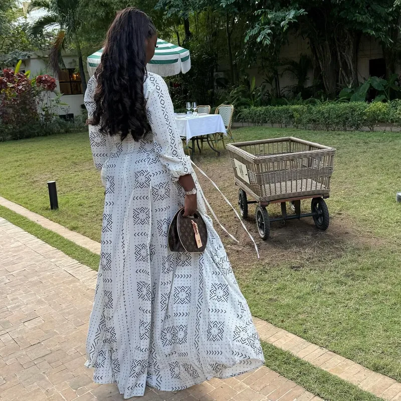 Elegant Geometric Maxi Long Dress with Long Sleeve and Standing Collar in Polyester Fabric