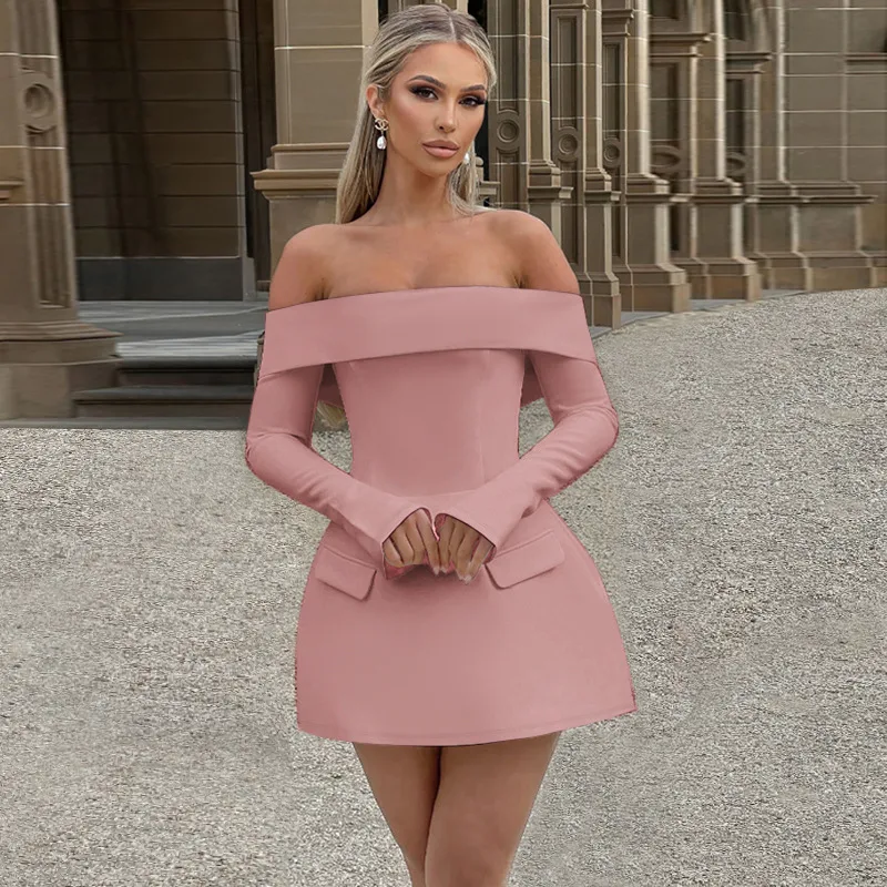 Sexy Solid Color Sheath Dress with Long Sleeve and Boat Neck, Polyester Fabric, Above Knee Length