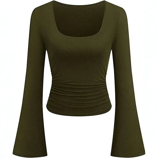 Solid Color Casual Long Sleeve Rib Fabric T-shirt for Women with Folds and Pullover Design