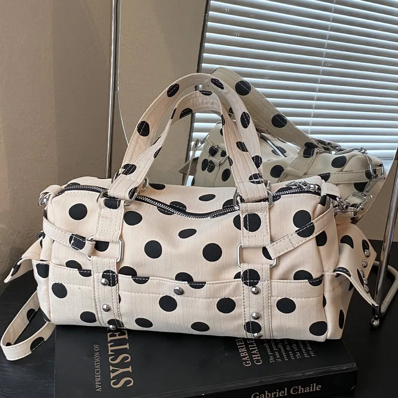 Women’s Canvas Square Handbag with Polka Dots Pattern and Sewing Thread Detail, Featuring Single Shoulder Strap