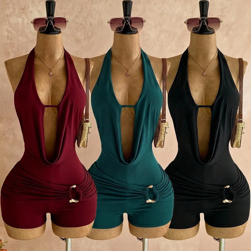 Sexy Party Rompers Shorts for Women in Polyester Fabric Featuring a Stylish V-Opening and Stretchy Fit