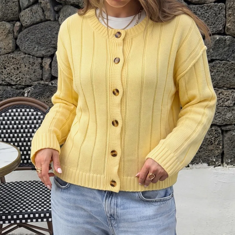 Solid Color Casual Acrylic Sweater with Long Sleeve Featuring Knitted Craft and Placket Design