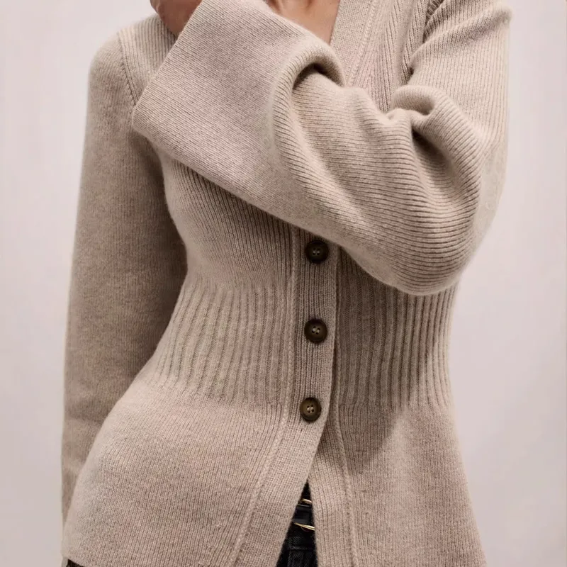 Streetwear Acrylic Sweater with Long Sleeve and V Neck Featuring Single Breasted Closure