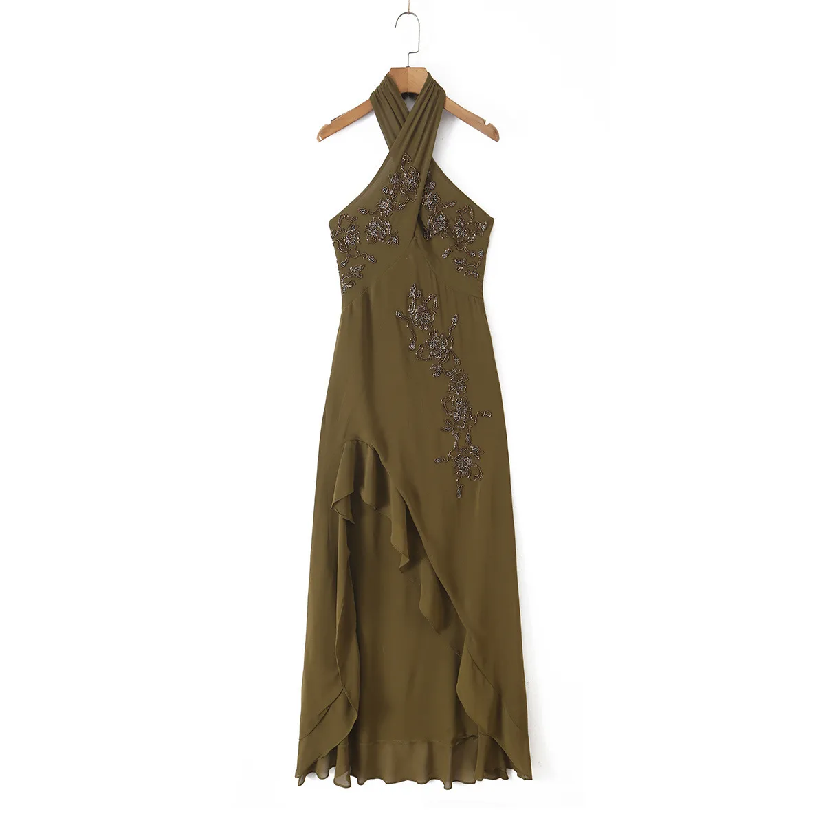 Sleeveless Halter Neck Party Dress with Embroidery in Polyester Fabric for Banquet and Streetwear