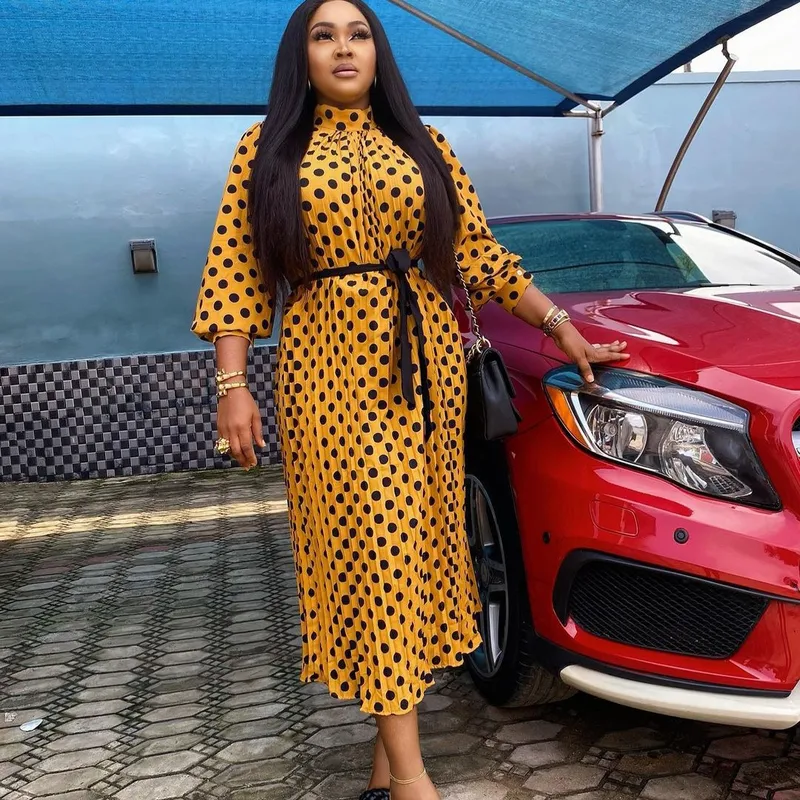 Round Dots Polka Dot Dress with Standing Collar and Long Sleeves in Knitted Fabric Maxi Long Dress for Daily Wear