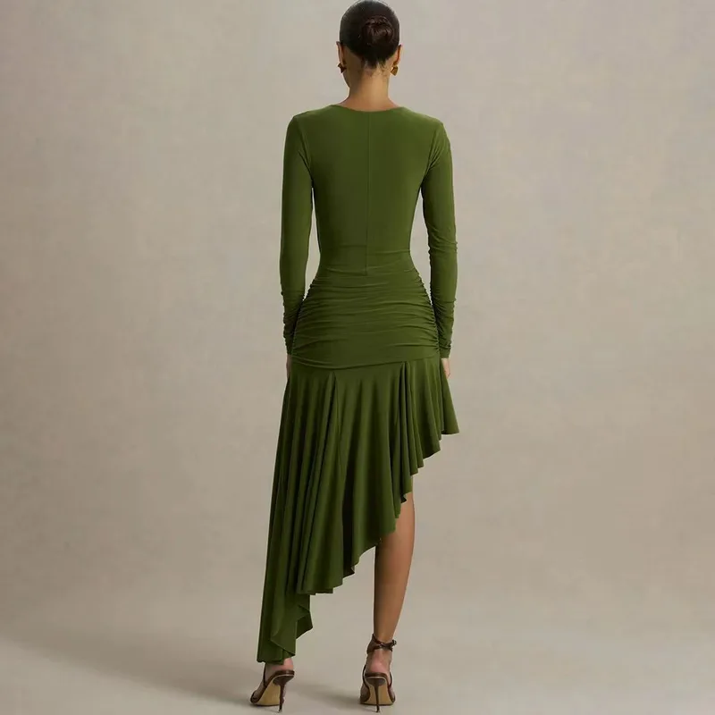 Solid Color Long Sleeve V Neck Party Dress in Polyester, Casual Streetwear Style