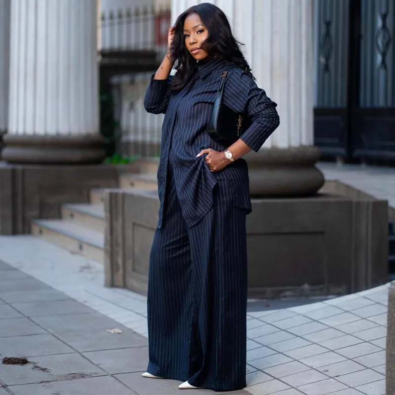 Elegant Stripe Casual Pants Pant Co-ord Set in Washed Polyester, 2 Pieces Set for Casual Wear