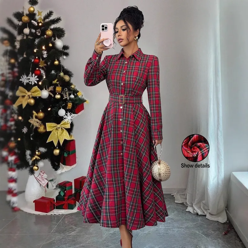 Vintage Style Plaid Long Sleeve V Neck Casual Regular Dress in Polyester Fabric