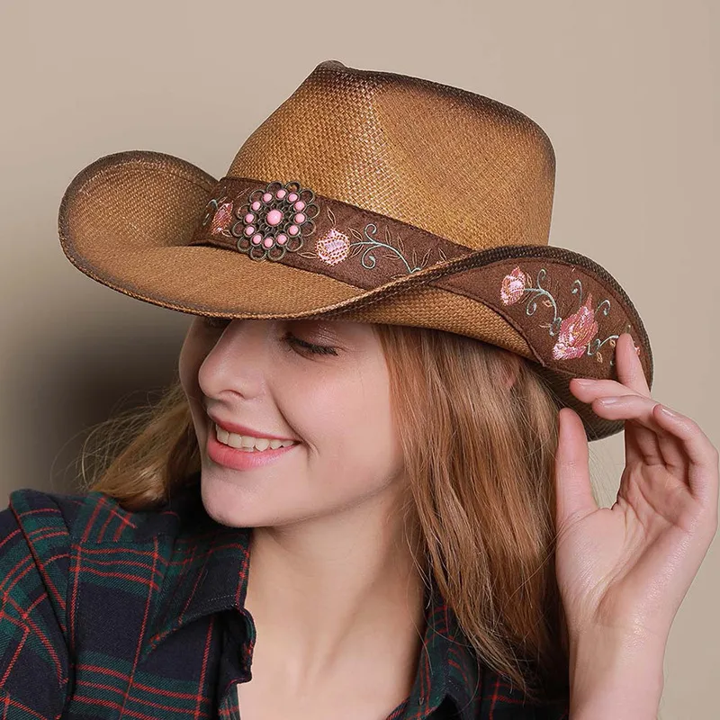 Ethnic Style Straw Hat with Wide Brim for UV Protection, Brown Color, Featuring Braid Craftsmanship