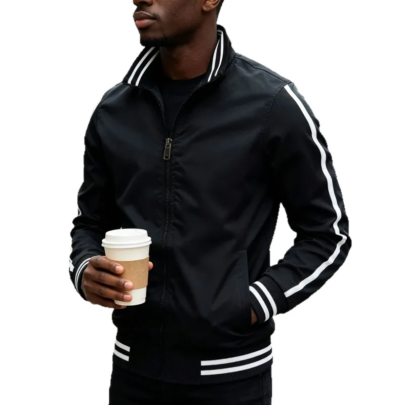 Men's Solid Color Jacket Featuring Zipper Placket in Simple Style, Crafted from Polyester Fabric