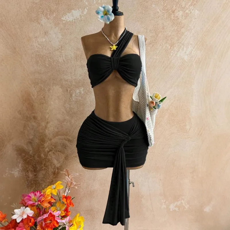 Solid Color Sleeveless Vacation Skirt Co-ord Set in Polyester Featuring Folds, 2 Pieces Set