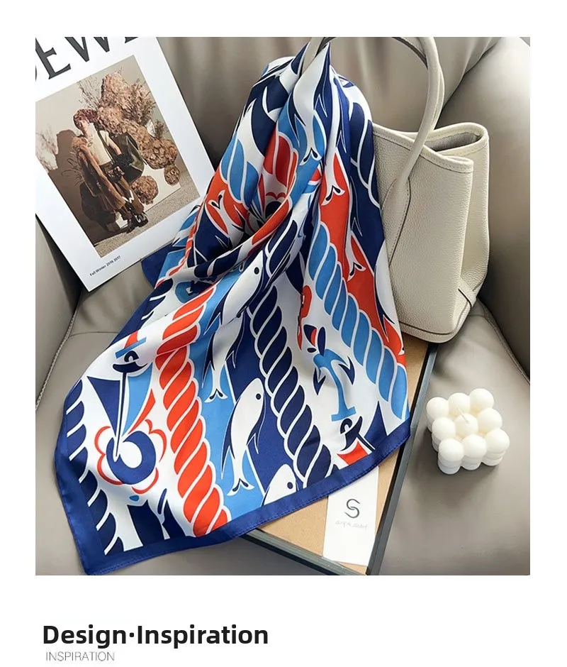 Women’s Streetwear Polyester Silk Scarf Featuring Fish Pattern in Blue, Perfect for Summer