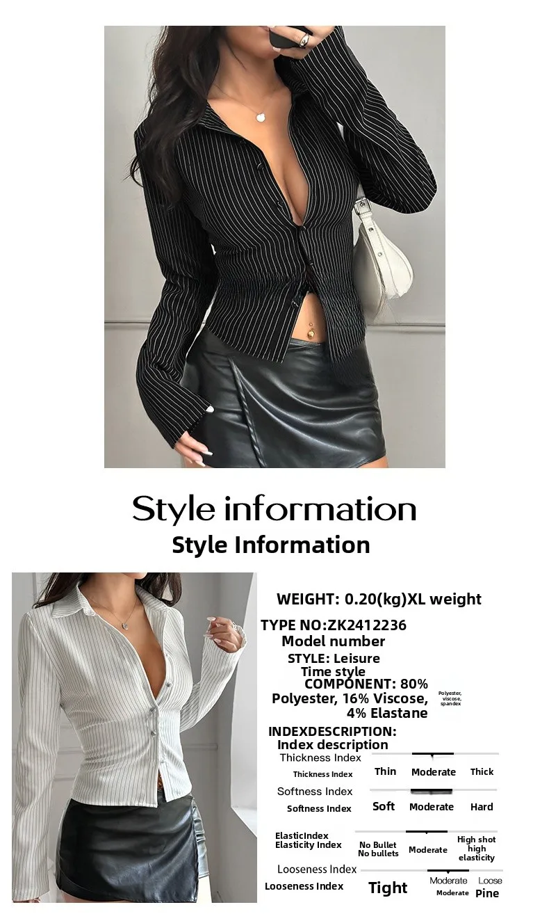 Stripe Long Sleeve Shirt Collar Blouse for Women in Polyester with Single Breasted Design