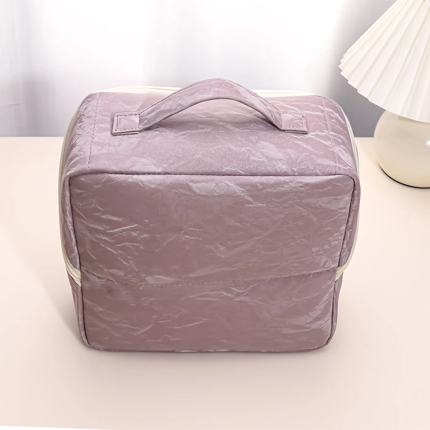 Solid Color PU Leather Cosmetic Bag for Women with Top Handle, Waterproof Design