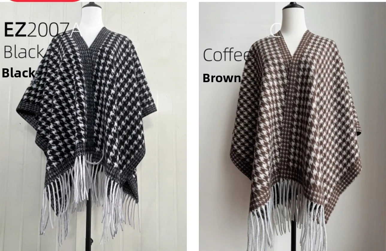 Houndstooth Shawl for Women in Mixed Materials, Dyed Black, Perfect for Autumn & Winter