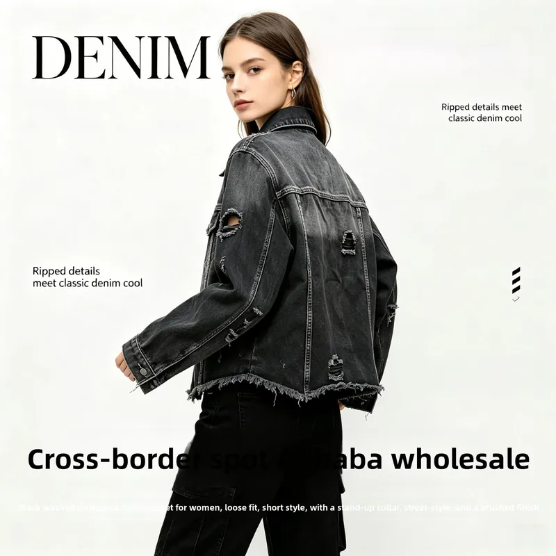 Women's Denim Coat with Lapel Collar in Vintage Style Featuring Ripped Denim Fabric and Long Regular Sleeves
