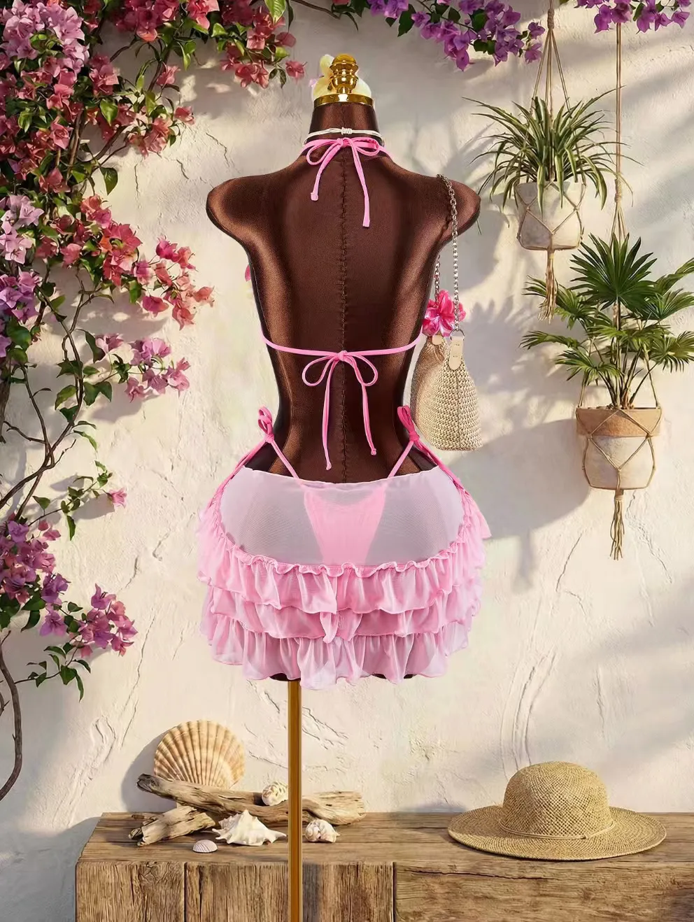 Women's Flowers Three-Piece Swimwear Set Featuring Natural Pink Tie Closure Split Swimsuit with Printed Polyester Fabric