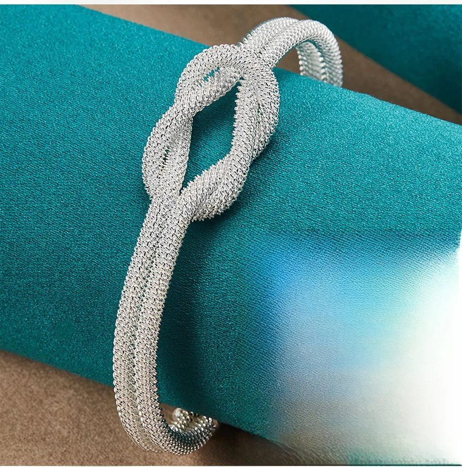 Women’s Electroplated Silver Plated Copper Bangle Featuring Braid Craft and Grid Pattern