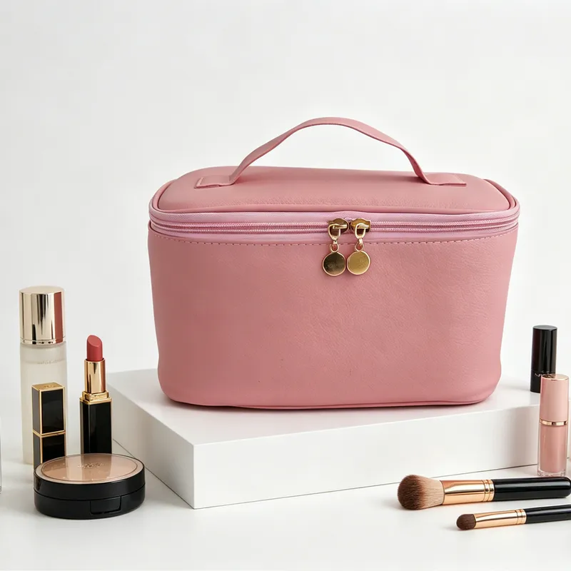 Unisex Solid Color PU Leather Cosmetic Bag with Top Handle, Water Resistant Design